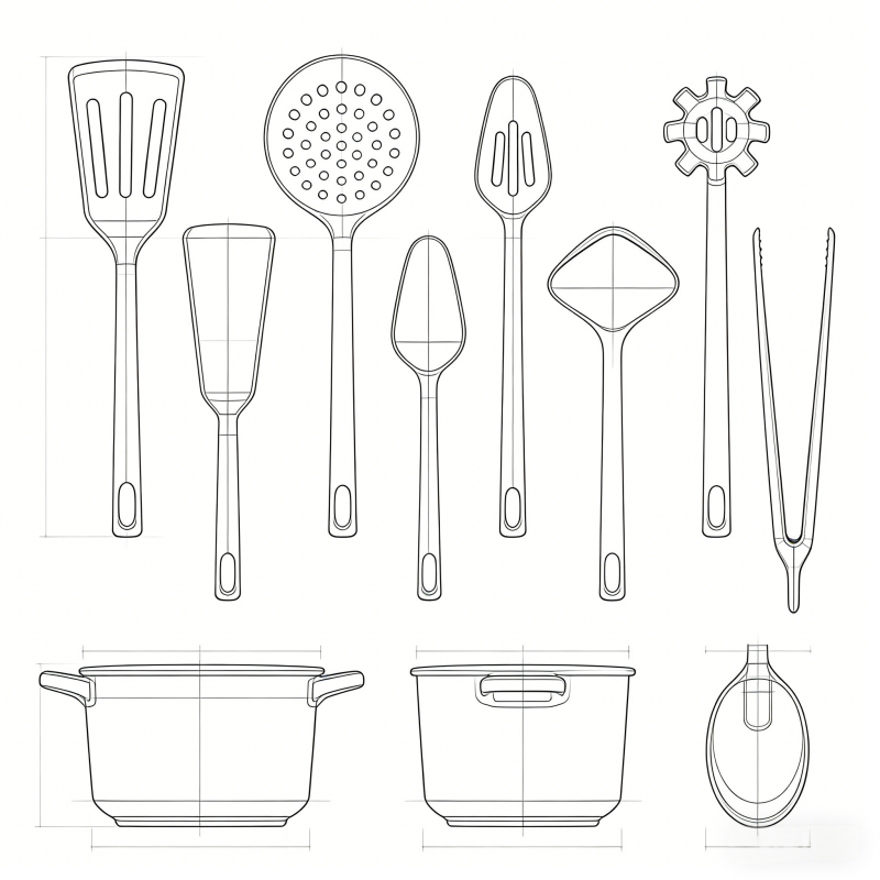 silicone kitchen utensil set, including spatulas, slotted turner, skimmer, tongs, and ladle, ideal for wholesale kitchenware and catering procurement